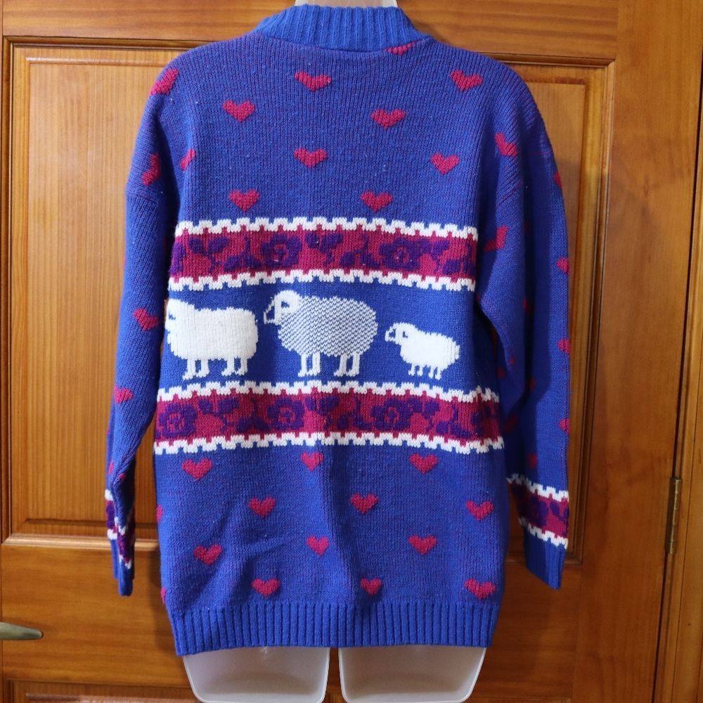 Private Eyes Vintage Blue Heart & Sheep Knit Sweater Retro Cozy Large USA - Picture 12 of 14